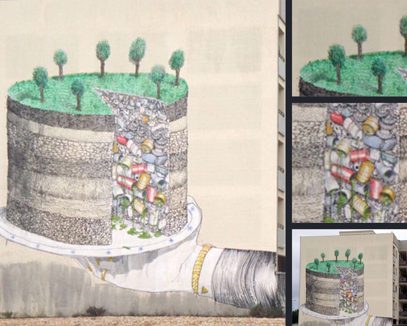 street art tema sustainability: rifiuti nascosti nel terreno danneggiano l'ambiente